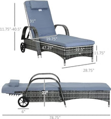 UOPYNE Outdoor Rattan Wicker Recliner Lounger Chair, Patio PE Wicker Chaise Lounge with Wheel, Outdoor Cushioned Wicker Chaise Lounger Adjustable Sun Lounger for Outside Sunbathing Camping Pool Beach