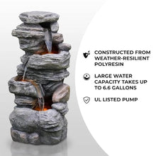 HIONJIN Outdoor Cascading Bowls and Stacked Stones LED Outdoor Water Fountain for Outdoor Living Spaces