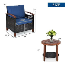 DUYHBAWRS 3PCS Patio Rattan Furniture Set Solid Wood Frame Cushion Sofa Round Table Shelf