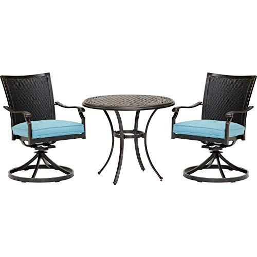 Hanover Traditions 3-Piece Patio Bistro Set with Cushioned Wicker Back Rocker Chairs and Round Table Blue