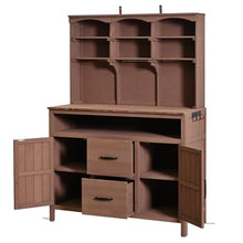 GDFStudio Junley Outdoor Storage Bench Table with Cabinet, Patio Wooden Potting Bench Plant Bench, Large Garden Storage Work Bench with Drawers, Cabinets, Hooks and Countertop, Kitchen Island, Brown