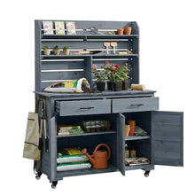 Cvqza TOPMAX Potting Bench, Garden Prep Cart with Lockable Wheels, Large Storage Cabinet, Outdoor Kitchen Island, Drawers & Removable Shelves, Perfect for Grilling and Gardening Activities, Gray