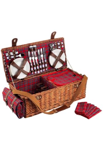 6 Person Picnic Basket Hand-Woven Wicker Picnic Set with Red Checkered Lining and Insulated Compartment, Includes Dinnerware, Glassware, Cutlery, Water-Resistant Blanket, and Accessories - 25.6 x 13