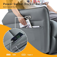 GDFStudio 270° Power Swivel Rocker Recliner Chair with USB & Type-C Ports, PU Leather Electric Glider Recliner, Upholstered Reclining Armchair with Side Pockets for Living Room, Bedroom, Blue Grey