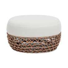 Willow 25" Round Upholstered Woven Patio Ottoman, Golden Brown Wicker Frame, Wheat Beige
