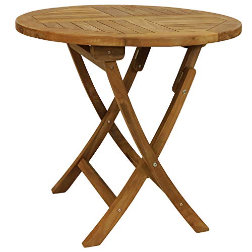 Sunnydaze Round Teak Wood Folding Bistro Table, 31” Dia, Light Brown