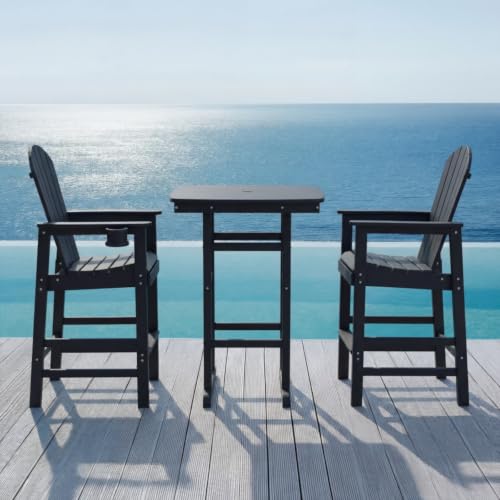 Hassyee 3 Pieces HDPE Black Bar Set with Umbrella Hole and Square High Top Pub Table for Poolside, Lawn, Outdoor Furniture Set with Weather Resistant Frame for Balcony