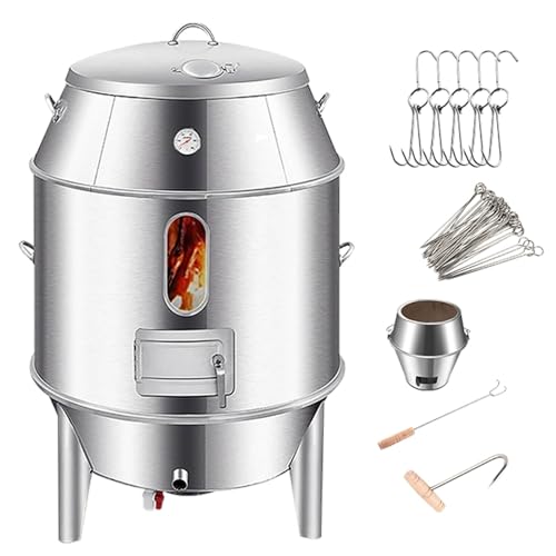 Smokers Barrel Grill Made of Stainless Steel with Thermometer and Middle Door for Travel Camping Picnic Patio Backyard 360° Circular Hanging Oven Portable Charcoal BBQ