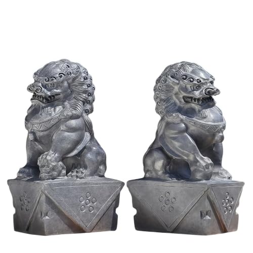 2 PCS Stone Asian Fu Foo Dogs Beijing Lion Garden Statue, Chinese Decor