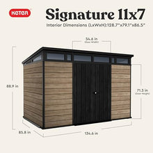 Keter Signature Collection 11x7 Ft All-Weather Storage Shed with Skylight, Window, Built-in Ventilation, & Lockable Double Doors, Pine