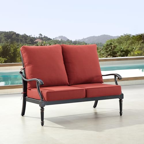 Oakland Living Black Aluminum Patio Deep Seating Outdoor Two Seater Loveseat with Red Cushions