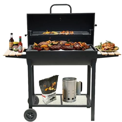 Charcoal Portable BBQ Grill with Wooden Shelf and Wheels, 49.2 in (125 cm) Wide