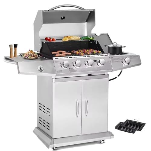 4-Burner Propane Gas BBQ Grill with Side Burner, 40,000 BTU Output Charcoal and Propane Gas Dual Fuel Grill with two charcoal trays and Side Tables for Outdoor Cooking Kitchen