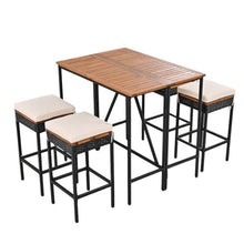 LMAOSS 5 Piece Outdoor Bar Set, Acacia Wood Patio Bar Table with 4 Wicker Stools & Removable Cushions, Folding Space-Saving Dining Set with Adjustable Feet, Outdoor Dining Bistro Set for Backyard Gard