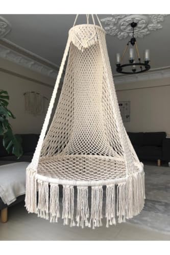 Large Macrame Hammock Swing Chair, Handmade Cotton Rope, 39.4 in Seat, 330.8 lb Capacity, Modern Style, Includes Ceiling Mounts - Ecru