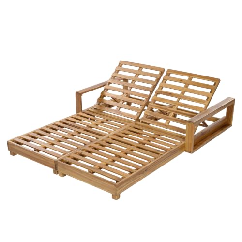 Double Acacia Wood Chaise Lounge, Light Natural Finish 2-Person Outdoor Recliner with 4-Position Adjustable Backrests, 800 LBS Weight Capacity, Wooden Slatted Sunbed for Patio, Poolside & Backyard
