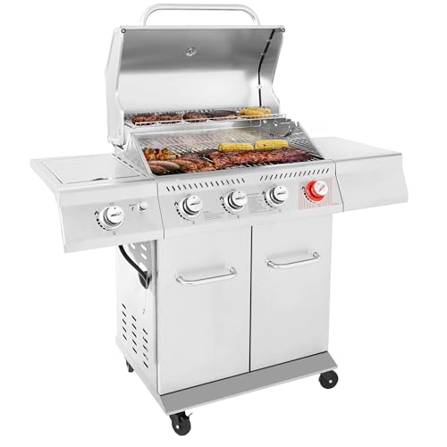 Royal Gourmet 4-Burner BBQ Cabinet Style Gas Grill with Side Burner, Silver