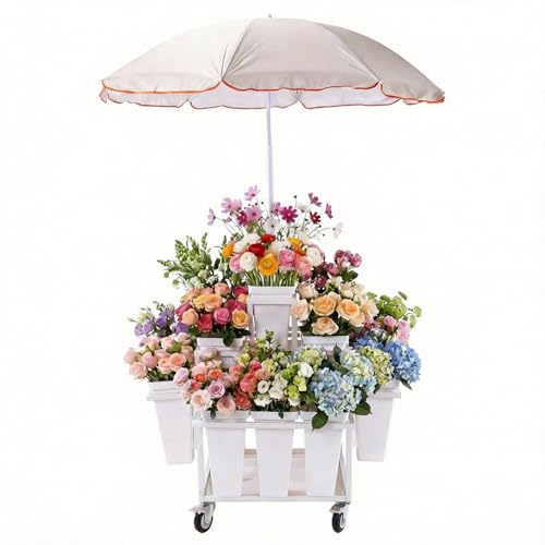 Mobile Flower Display Rack with Umbrella, 3-Tier Metal Plant Stand Cart with 18 Buckets, Foldable Side Table, Lockable Wheels – Outdoor Florist Shelving for Garden, Market, Street Corner, Nursery