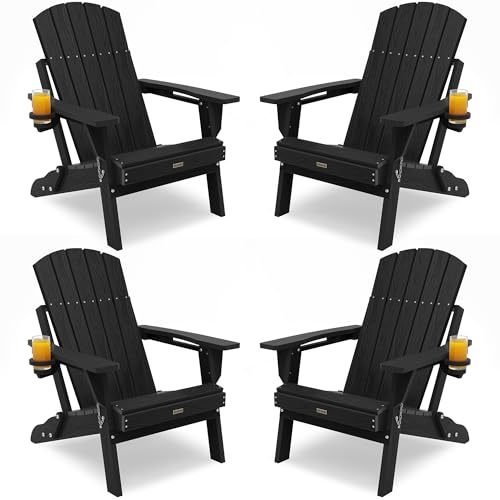POWERWOOD Adirondack Chairs Set of 4, Folding Plastic Adirondack Chairs with Cup Holder, Composite Adirondack Chair for Outdoor, Patio,Garden (Black)