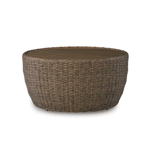 Signature Design by Ashley Cardiff Beach Outdoor Coffee Table, All‑Weather Wicker Aluminum with Wood‑Look Top, Poolside Patio Outside Table for Backyard or Deck