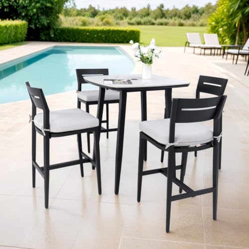 Hassyee 5 Pieces Patio Bar Set with 4 Bar Swivel Chairs and Sintered Stone Bar Table for Poolside, Outdoor Furniture Set with Aluminum Frame and Removable Cushions for Backyard (5 PCS + White)