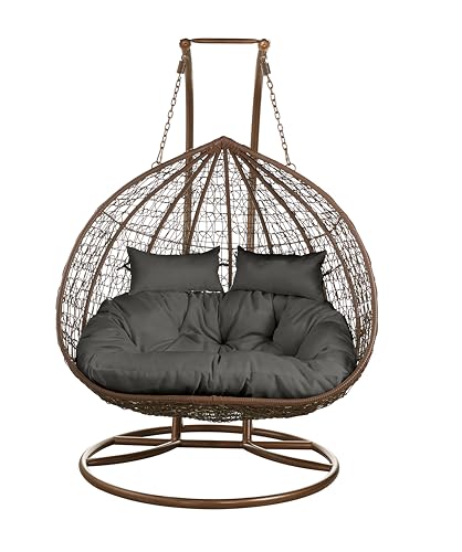 SK CHUMRA Premium 2-Person Hanging Egg Chair with Stand – Bronze Wicker Loveseat with Brown Cushions for Indoor & Outdoor Use (Dark-Brown Frame with Gray Cushion)
