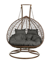 SK CHUMRA Premium 2-Person Hanging Egg Chair with Stand – Bronze Wicker Loveseat with Brown Cushions for Indoor & Outdoor Use (Dark-Brown Frame with Gray Cushion)