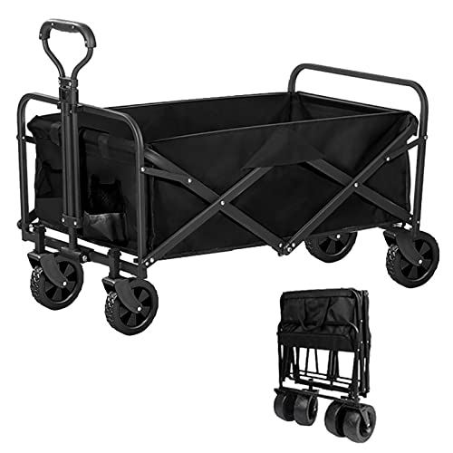 Heavy Duty Steel Collapsible Folding Wagon, 100Kg Outdoor Beach Garden Utility Wagon Cart W/8'' All Terrain Wheels, Portable Adjustable Handle Camping Cart W/Cup Holders,B-5''