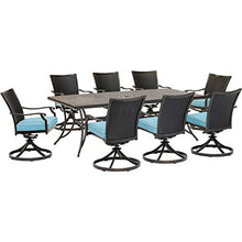 Hanover Traditions 9-Piece Outdoor Dining Set with 8 Cushioned Swivel Rocker Chairs and 42" x 84" Table Blue