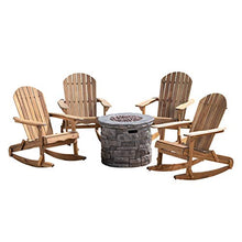 Great Deal Furniture Outdoor 5 Piece Acacia Wood Adirondack Rocking Chair Set with Fire Pit Grey + Natural