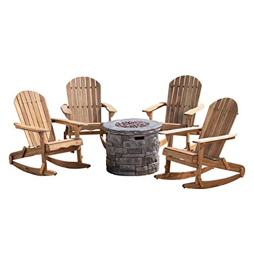 Great Deal Furniture Outdoor 5 Piece Acacia Wood Adirondack Rocking Chair Set with Fire Pit Grey + Natural