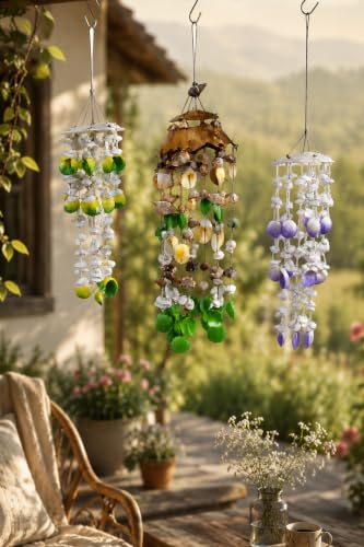 3 Piece Wind Chime Set Coconut Shell Seashell Hanging Decor for Garden Patio Balcony Porch Outdoor Indoor Handcrafted Indonesian Art Peaceful Sound 55 in Height - Multicolor, 22x5 inch