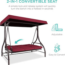 3-Seat Outdoor Large Converting Canopy Swing Glider, Patio Hammock Lounge Chair for Porch,Porch Swing Backyard w/Flatbed, Adjustable Shade, Removable Cushions - Burgundy sadr3