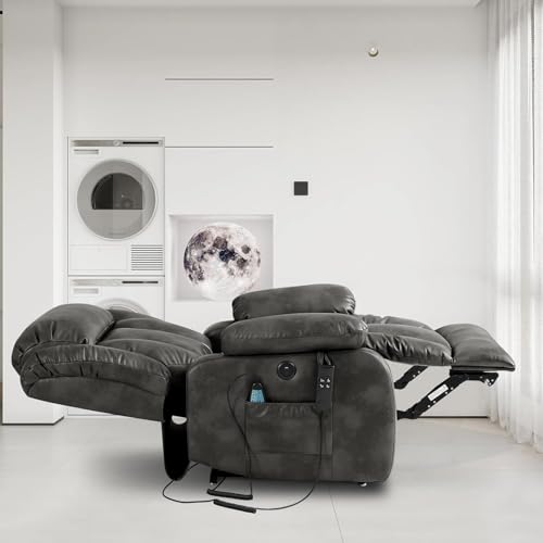 UOPYNE Comfort Massage Heat Recliner Chair, Lazy Boy Style Recliner Sofa with Cup Holders for Living Room, Leather Electric Power Lift Relaxation Seating, Gray