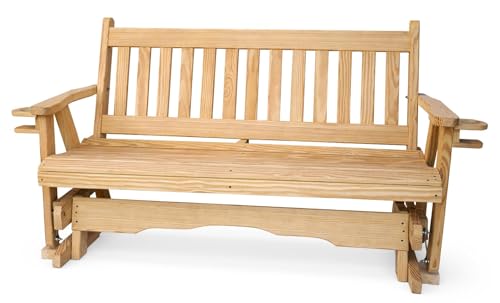 5 FT NATURAL Porch MISSION Glider Cupholders Bench for 3 Person, Amish-Made Pine Wood Glider, Smooth Glide, Balanced Construction, Even Weight Distribution, Relaxed Seating Angle, Made in USA