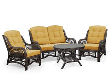 Malibu Lounge Set of 4: 2 Natural Rattan Wicker Chairs, Loveseat with Light Brown Cushions and Coffee Table w/Glass Handmade, Dark Brown