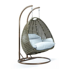 LeisureMod 2 Person Wicker Egg Chair Outdoor Indoor Bedroom Patio Hanging Lounge Swing Hammock Chairs with Beige Stand and UV Resistant Cushions, Light Grey