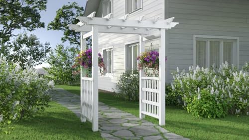 VITA Springport Garden Arbor, White Vinyl Outdoor Garden Arch with Lattice Panels & Hanging Planter Hooks, Climbing Plant Support for Flowers and Vines, Weather-Resistant Maintenance-Free, VA68146
