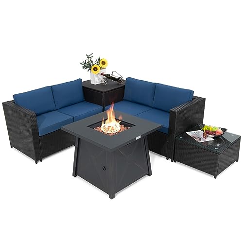 YWMLFZ 5PCS Patio Rattan Furniture Set 30" Gas Fire Pit Table W/Cover Navy