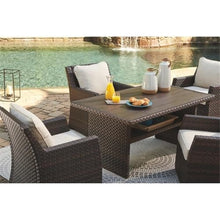 BOWERY HILL Patio Dining Table, Dark Brown and Beige Finish, Resin Wicker and Rust-Free Aluminum Frame, 58.75 x 33.50 x 27.75 in, Water-Resistant Aluminum Top, Versatile Outdoor Table for Dining and
