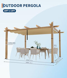 10 x 13 Ft Retractable Canopy Pergola, Aluminum Faux Wood Grain Patio Gazebo for Backyard, Deck, Porch, Weather-Resistant & Easy Assembly