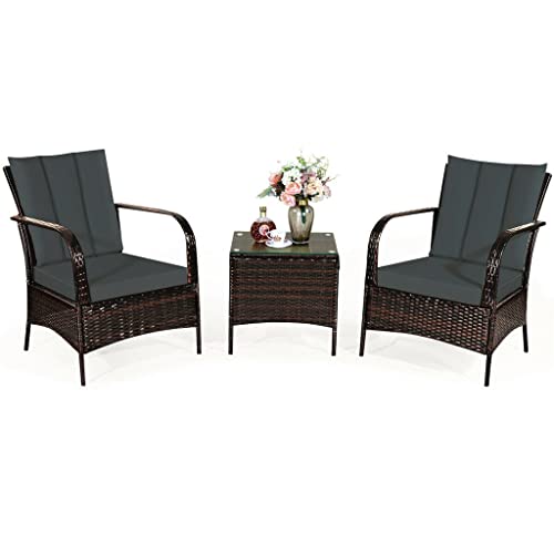 DUYHBAWRS 3 PCS Patio Rattan Furniture Set Coffee Table & 2 Chair with Cushions Comfortable and Breathable(A)