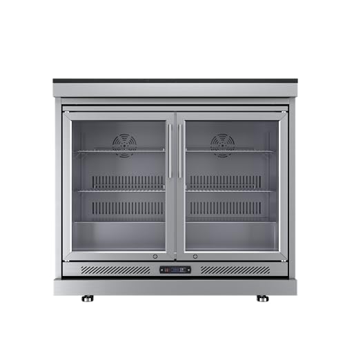 Double Door Beverage Refrigerator Cabinet Outdoor Kitchen Island Undercounter Cooler Granite Countertop Mobile Bar Cart Storage Shelves Compressor Digital Control Locking Casters Glass (Silver)