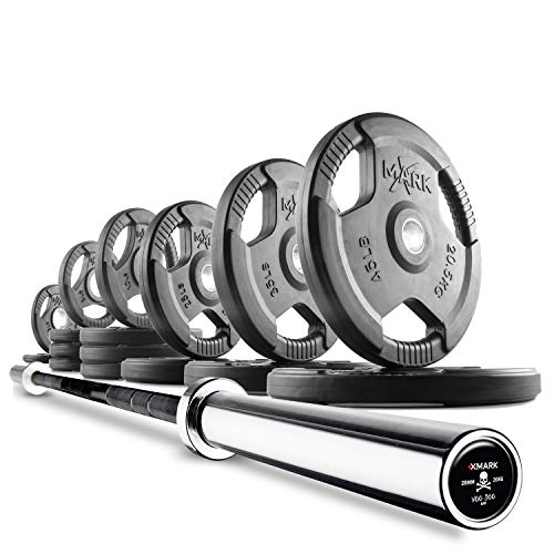 XMark Combo 275 lb Rubber TRI-GRIP Olympic Weight Plates with 7 ft VOODOO Bar