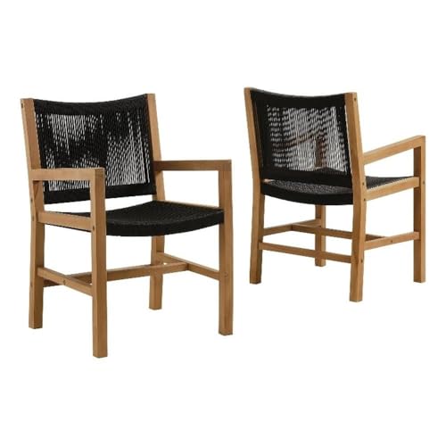 Modway Vienna Outdoor Patio Teak Wood Dining Armchairs Set of 2 in Natural Black – Woven Rope Teak Accent Patio Chairs with Armrests – Weather-Resistant Deck Chairs for Backyard, Porch