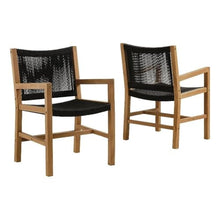 Modway Vienna Outdoor Patio Teak Wood Dining Armchairs Set of 2 in Natural Black – Woven Rope Teak Accent Patio Chairs with Armrests – Weather-Resistant Deck Chairs for Backyard, Porch
