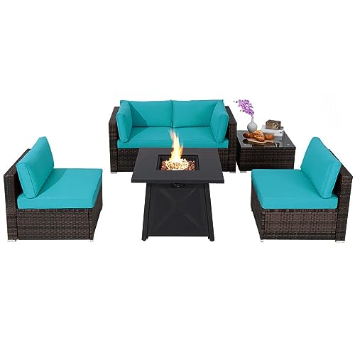 YWMLFZ 6PCS Patio Rattan Furniture Set 30" Fire Pit Table W/Cover Cushioned Turquoise