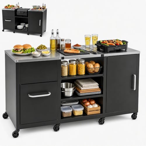 LDAILY 59 Inch Outdoor Grill Table with Stainless Steel Top
