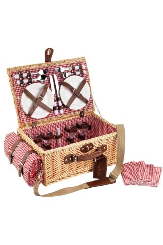 Handmade Wicker Picnic Basket Set for 4 People with Red Gingham Pattern, Wood, Insulated Compartment, Includes Glass Goblets, Plates, and Water-Resistant Blanket - Brown and Red