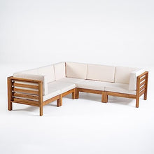 Christopher Knight Home Oana Outdoor V-Shaped Sectional Sofa Set - 5-Seater - Acacia Wood - Outdoor Cushions - Teak and Beige